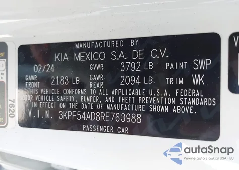 2024 Kia Forte Gt-Line from USA, damaged, VIN 3KPF54AD8RE763988